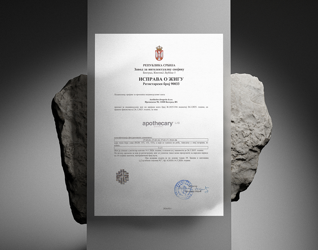 Apothecary primio Ispravu o žigu „Apothecary LAB®“ od Zavoda za intelektualnu svojinu Republike Srbije